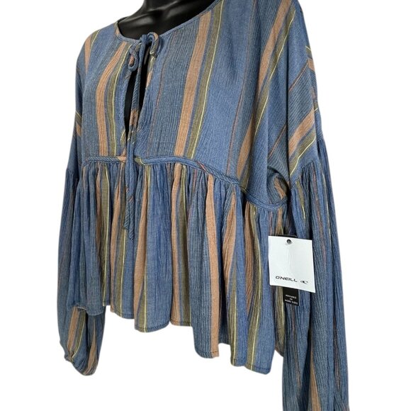 O’NEILL Rosie Top Sz L Navy Blue Striped Front Tie Balloon Sleeve Ruffle Viscose - Picture 5 of 10